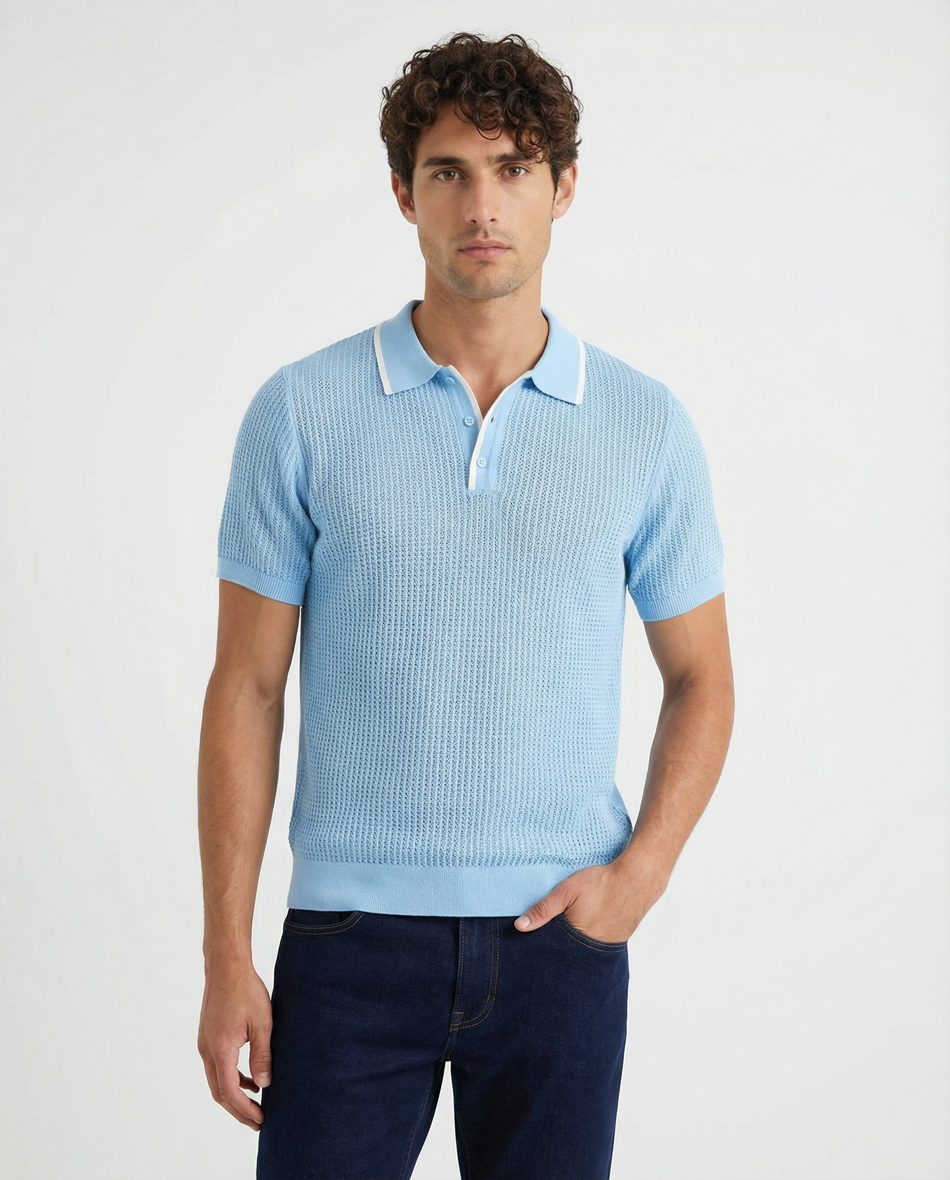 TRNS-540 Tipped Open Knit Short Sleeve Polo Sweater – TRPremium