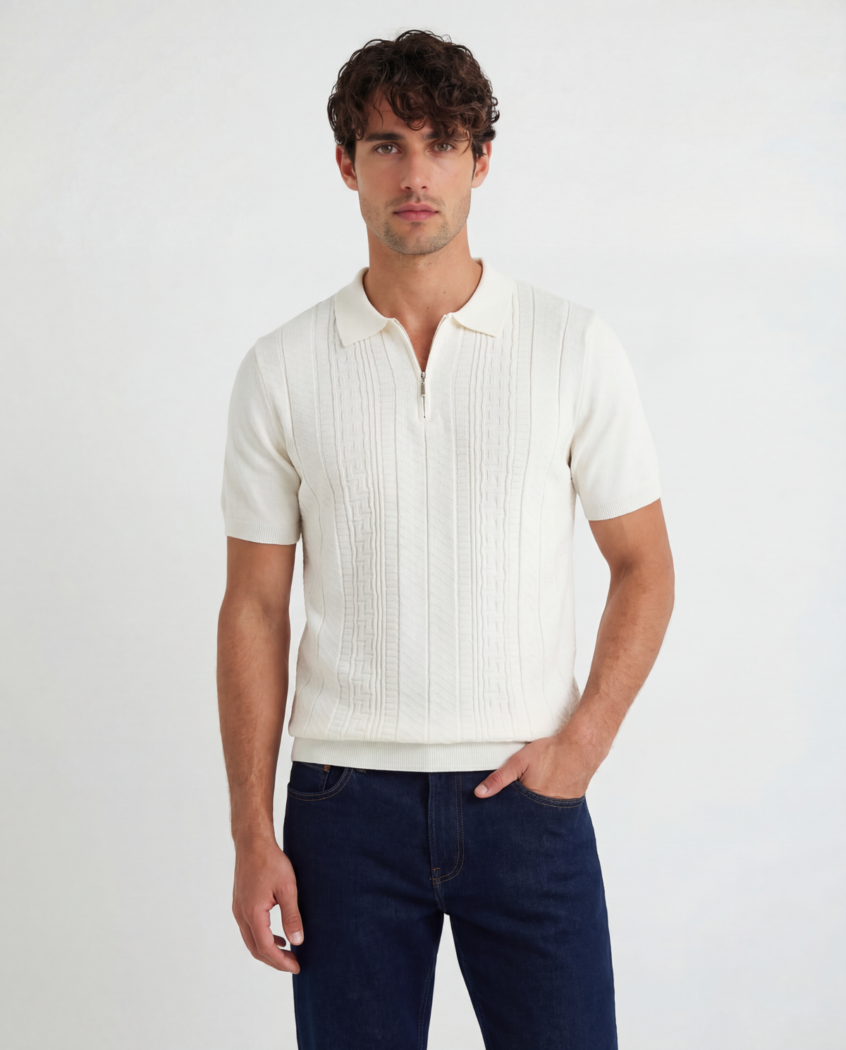 TRNS-542 Cable Knit Short Sleeve Half Zip Sweater