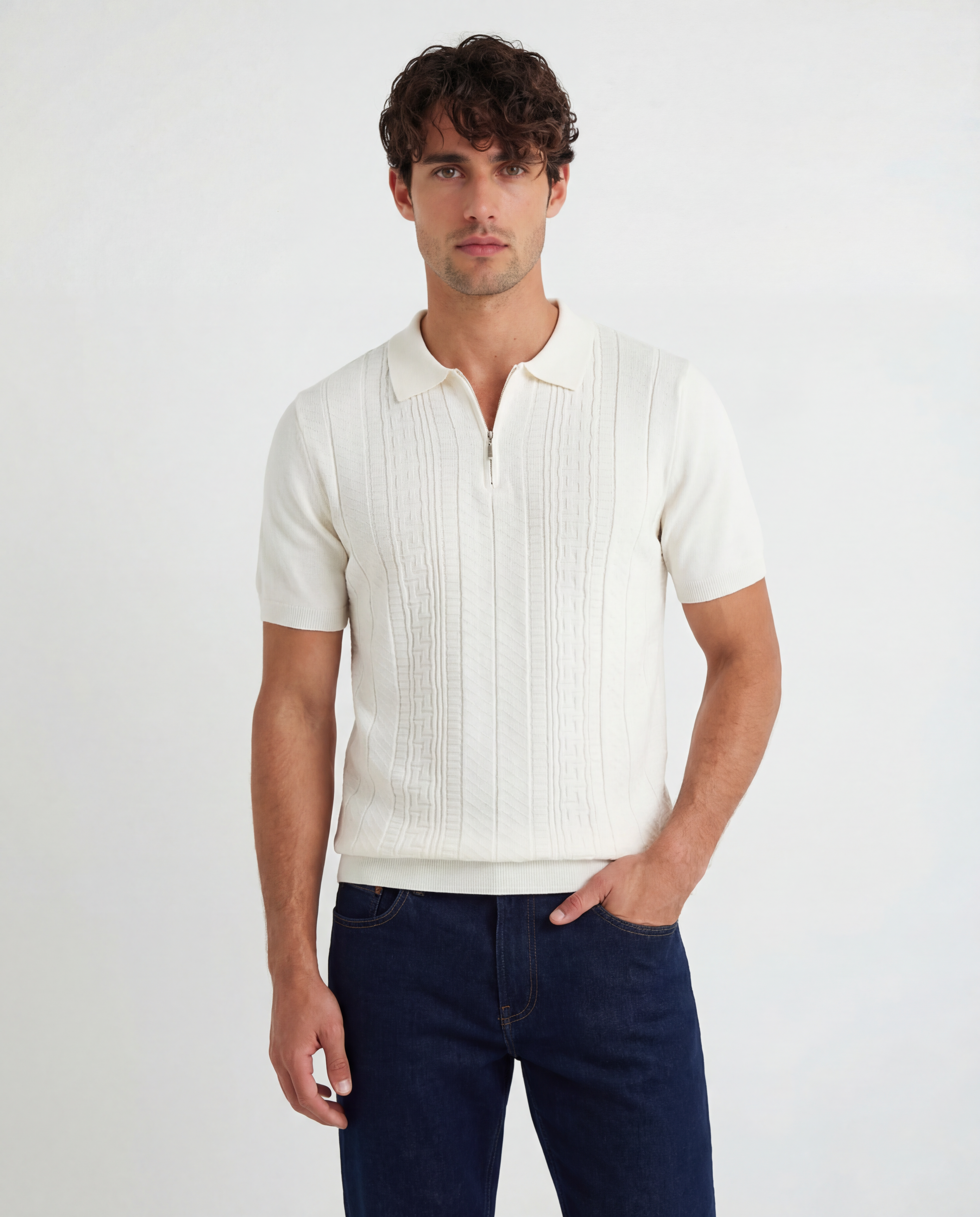 TRNS-542 Cable Knit Short Sleeve Half Zip Sweater