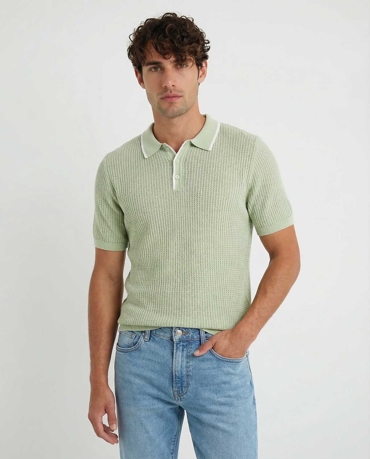 TRNS-540 Tipped Open Knit Short Sleeve Polo Sweater