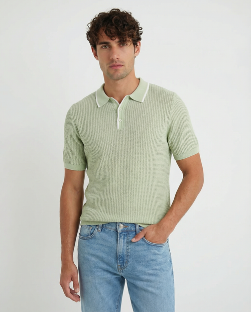 TRNS-540 Tipped Open Knit Short Sleeve Polo Sweater