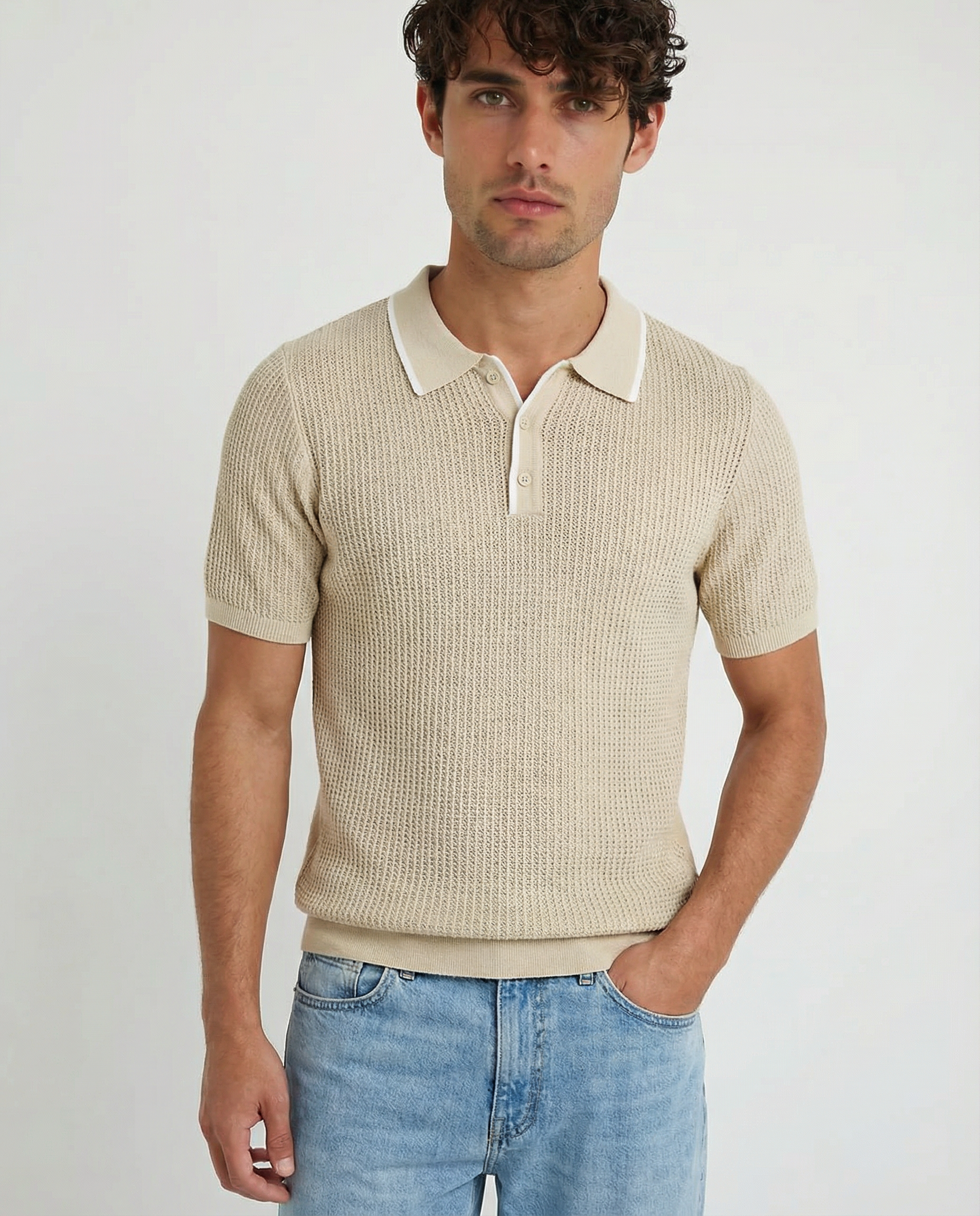 TRNS-540 Tipped Open Knit Short Sleeve Polo Sweater – TRPremium