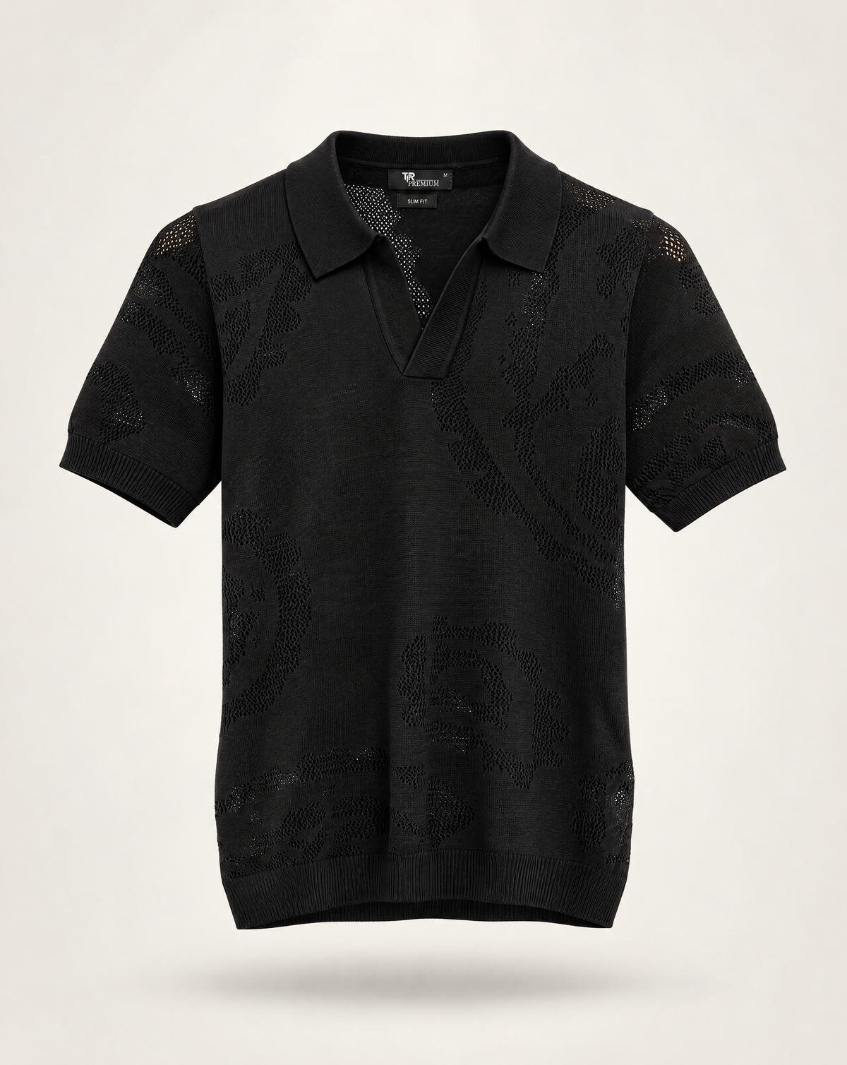 TRCK-11575-Jacquard Open-Collar Short Sleeve Sweater Polo
