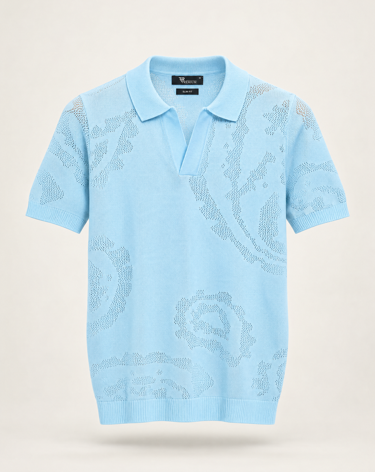 TRCK-11575-Jacquard Open-Collar Short Sleeve Sweater Polo