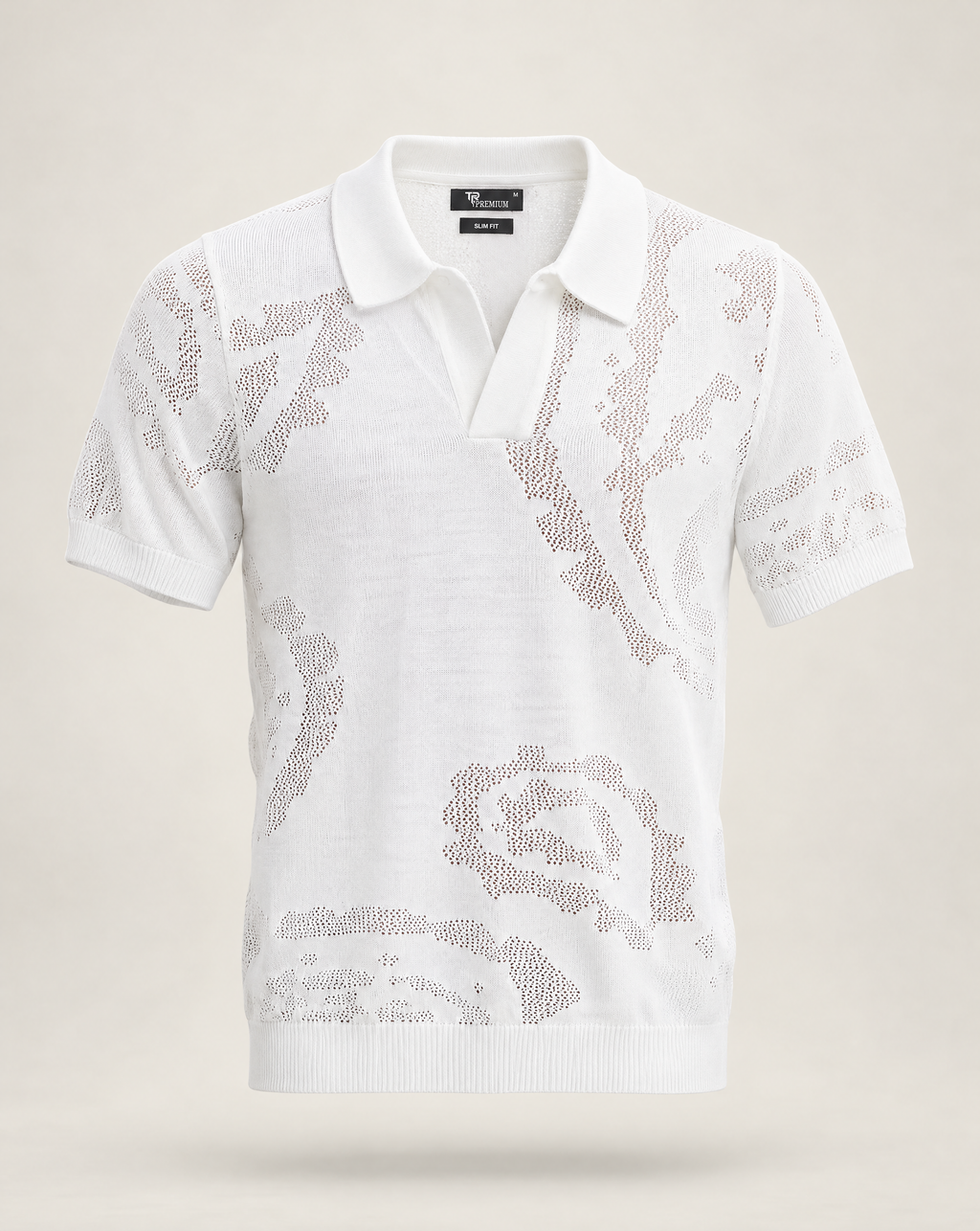 TRCK-11575-Jacquard Open-Collar Short Sleeve Sweater Polo