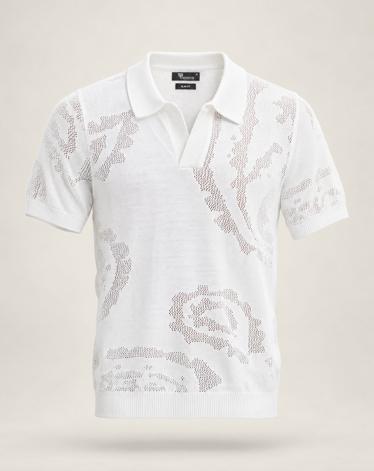 TRCK-11575-Jacquard Open-Collar Short Sleeve Sweater Polo