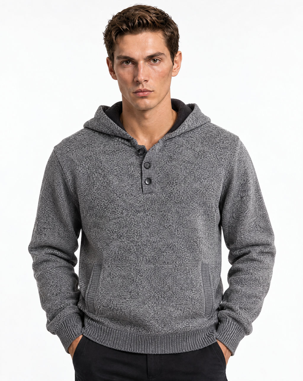 JCS-505-BH-3 Button Hoodie Melange Sweater