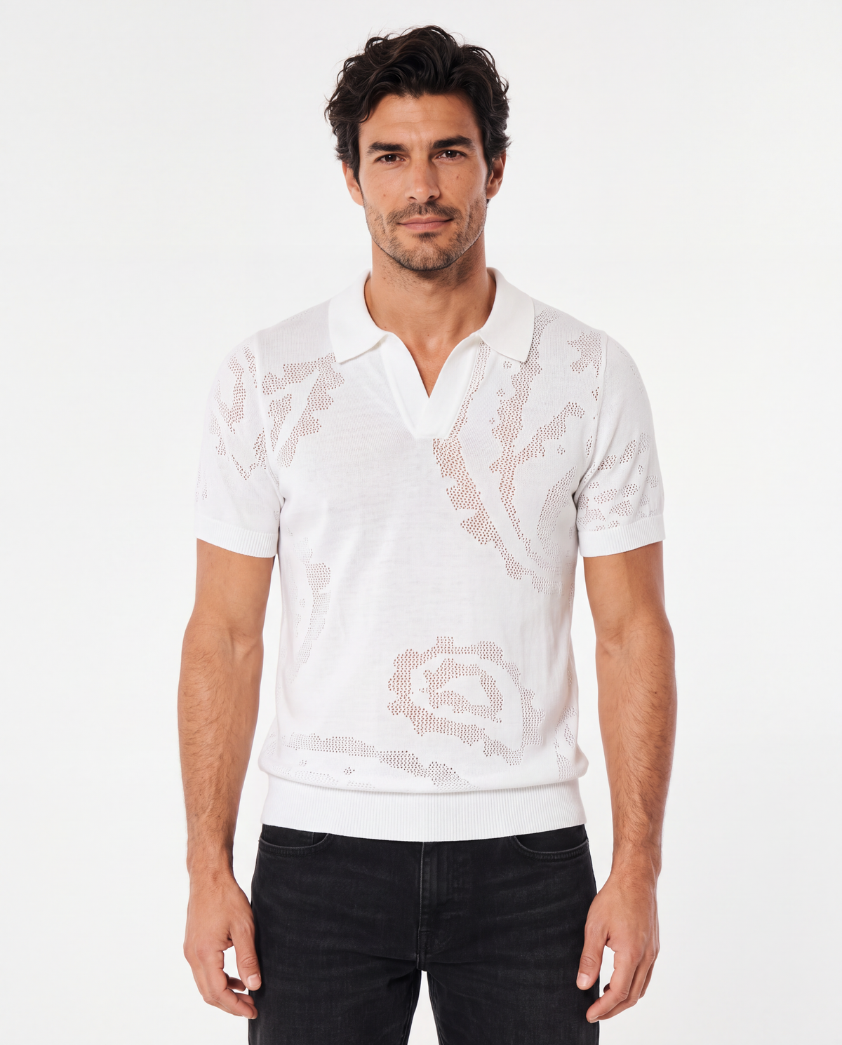 TRCK-11575-Jacquard Open-Collar Short Sleeve Sweater Polo