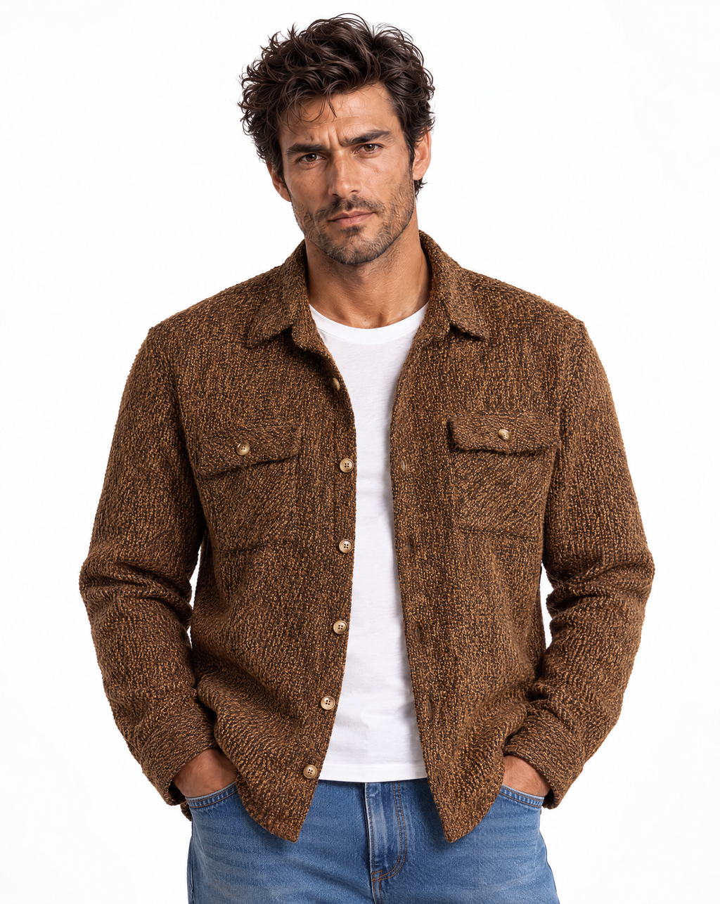 JCSH-54-Textured Shirt Jacket With Dual Chest Flap Pockets
