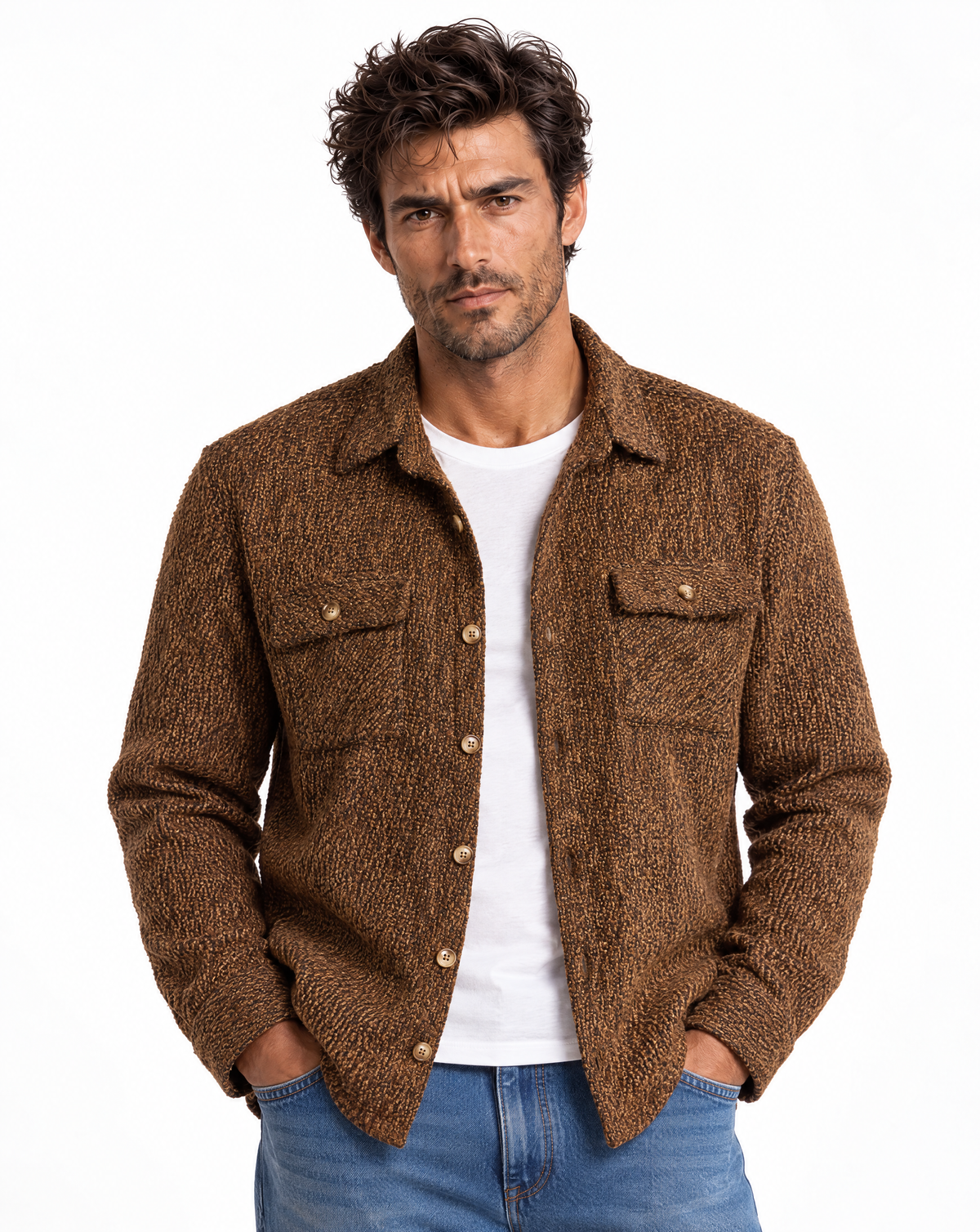 JCSH-54-Textured Shirt Jacket With Dual Chest Flap Pockets