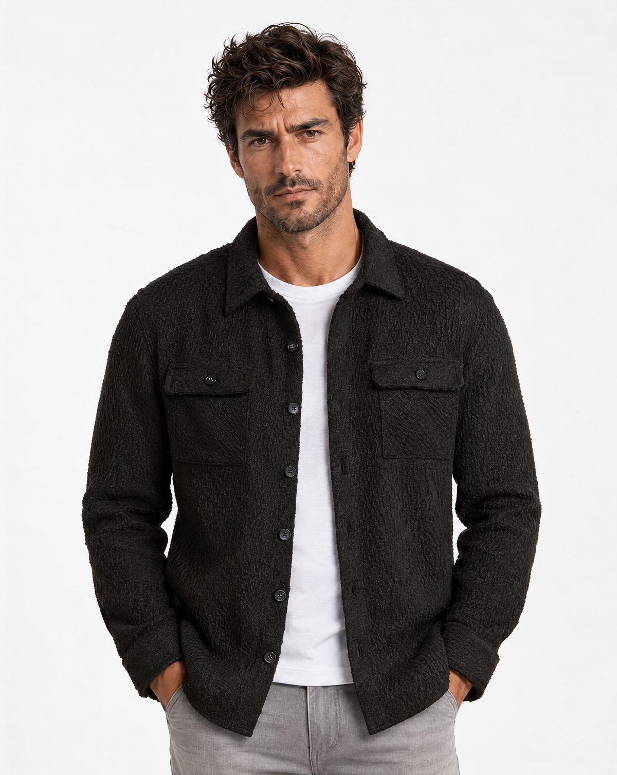 JCSH-54-Textured Shirt Jacket With Dual Chest Flap Pockets