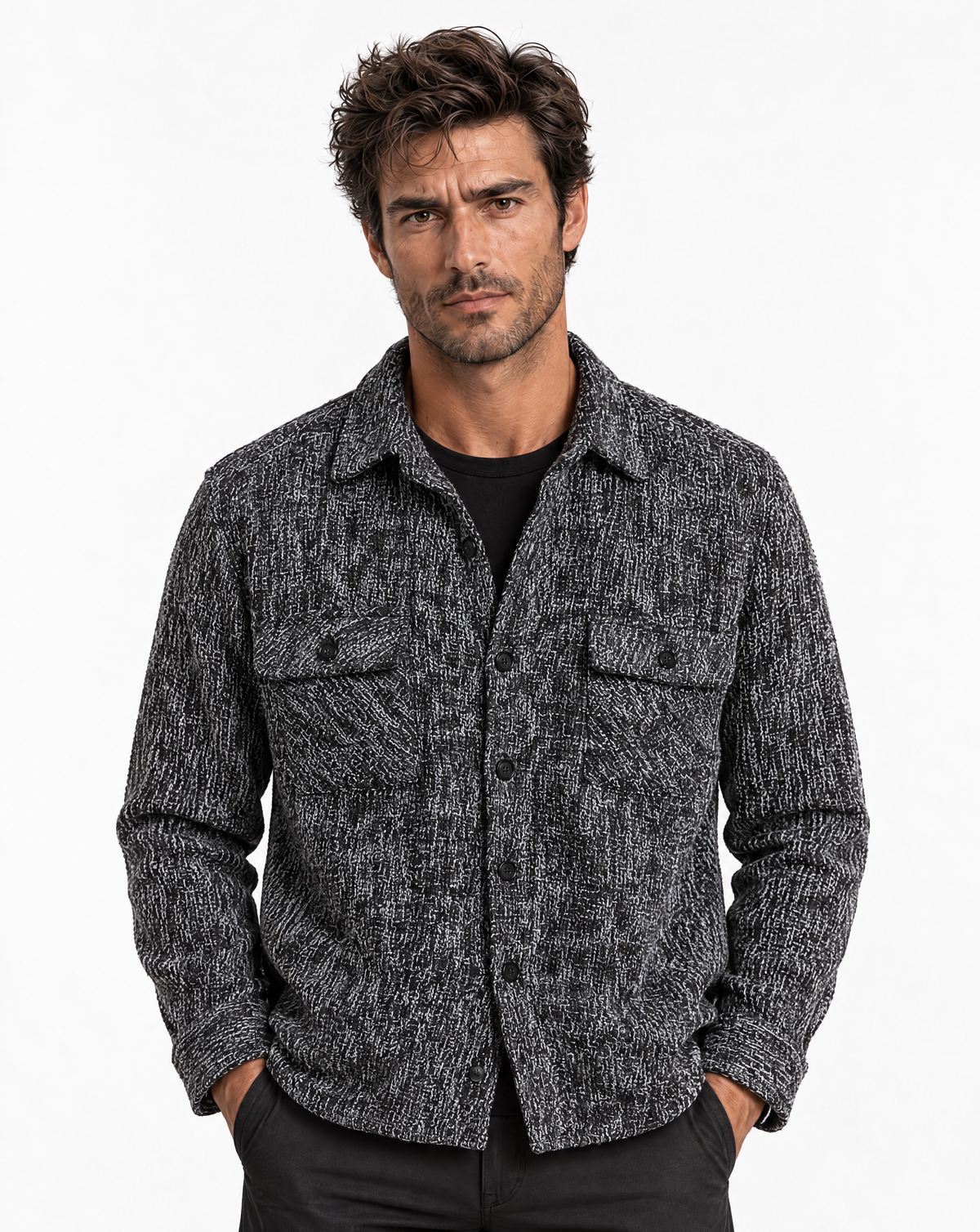 JCSH-54-Textured Shirt Jacket With Dual Chest Flap Pockets
