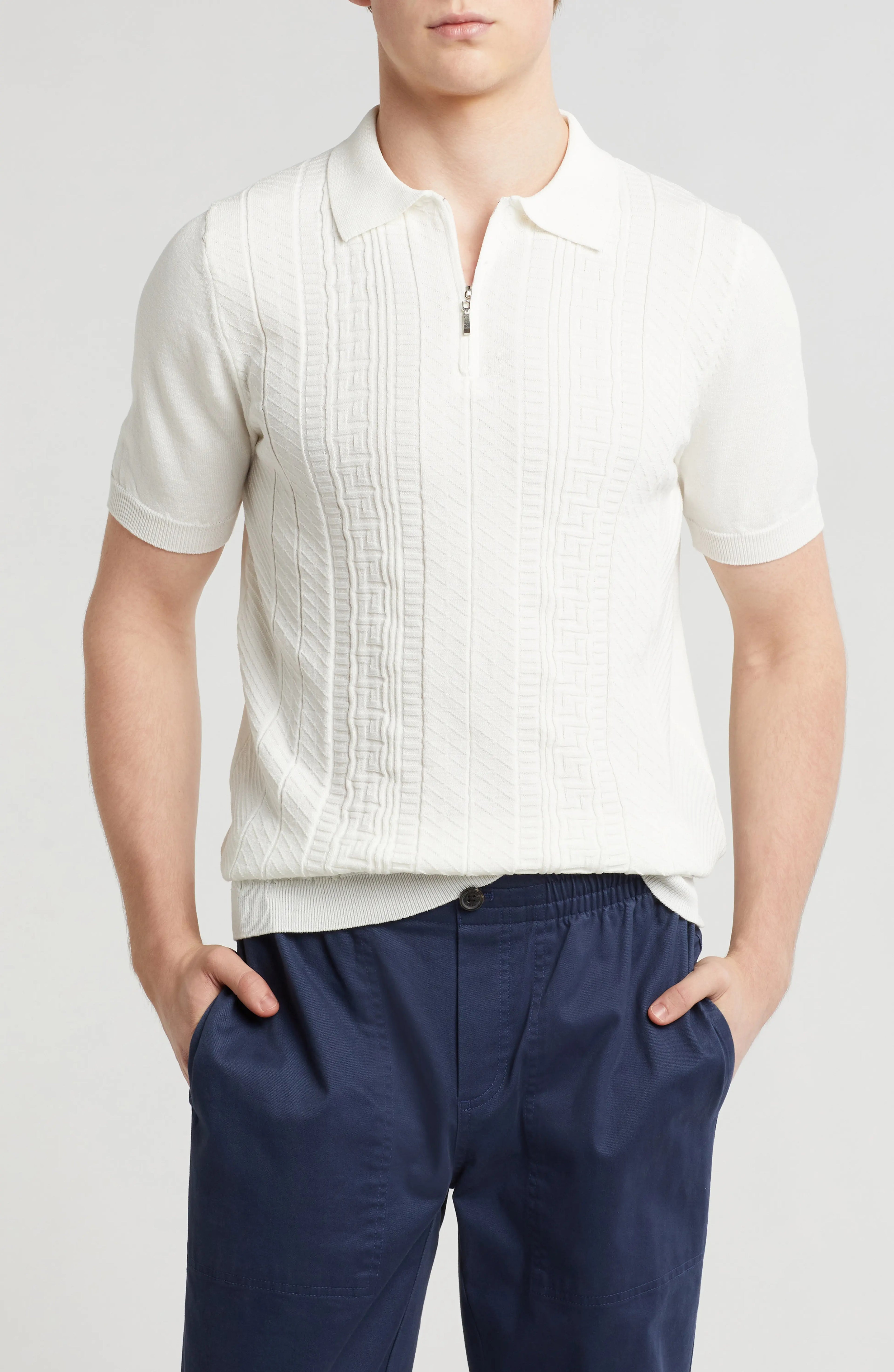 TRCK-11542 Textured Sweater Knit Zip Polo