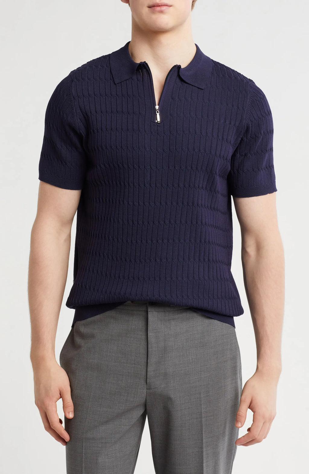 TRCK-11543 Textured Sweater Knit Zip Polo