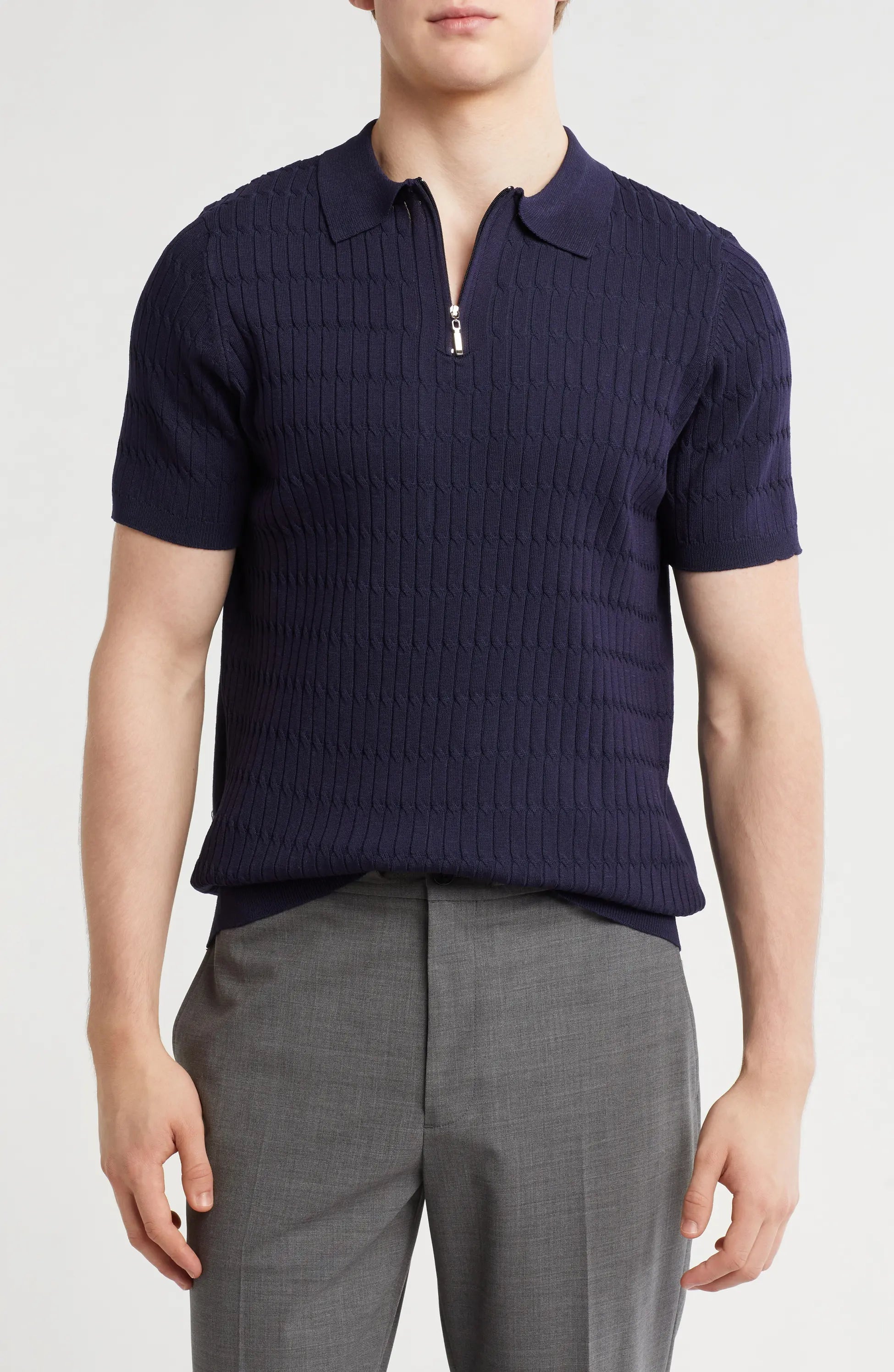 TRCK-11543 Textured Sweater Knit Zip Polo