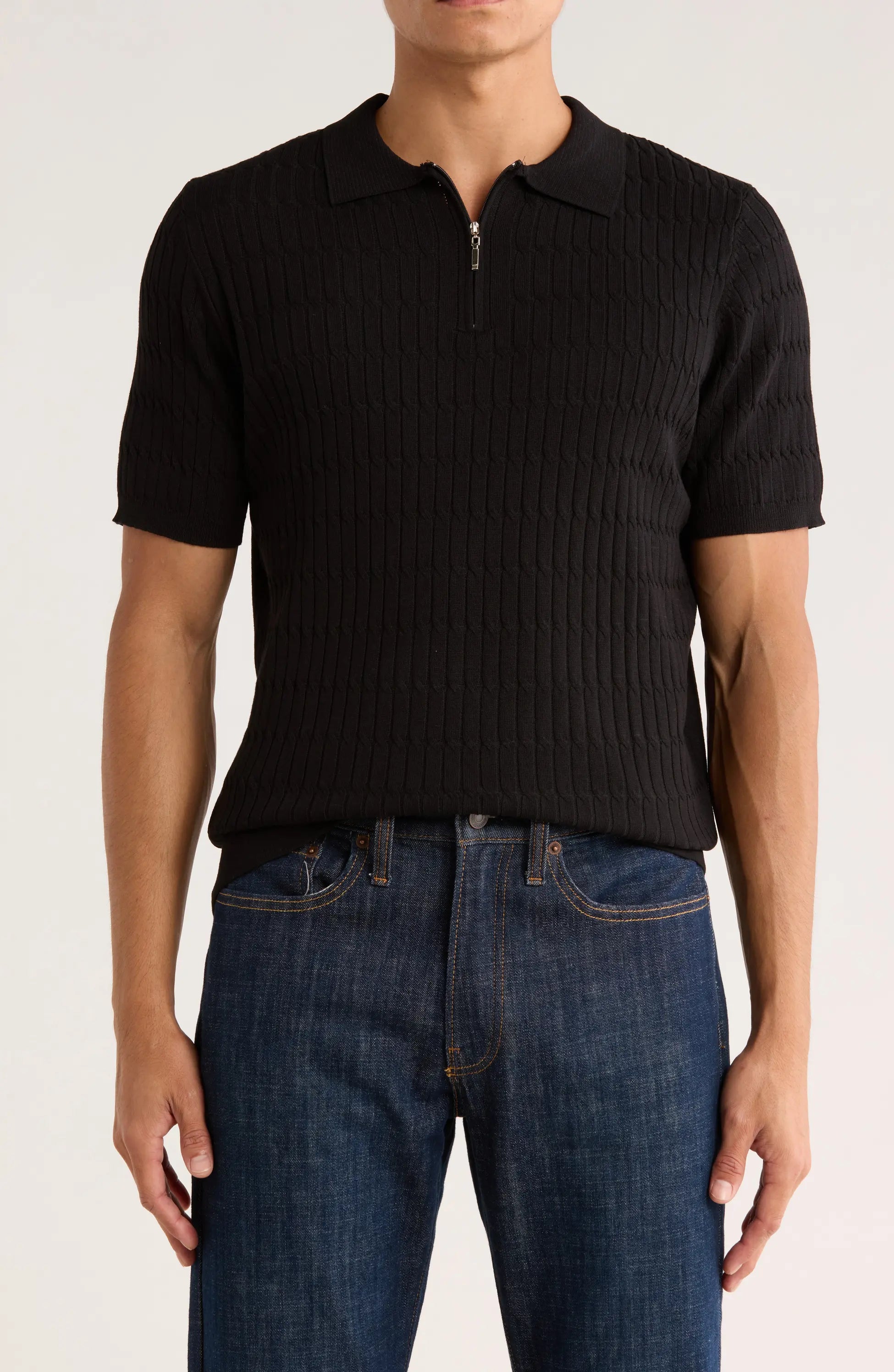 TRNS-543 Cable Knit Short Sleeve Half Zip Sweater