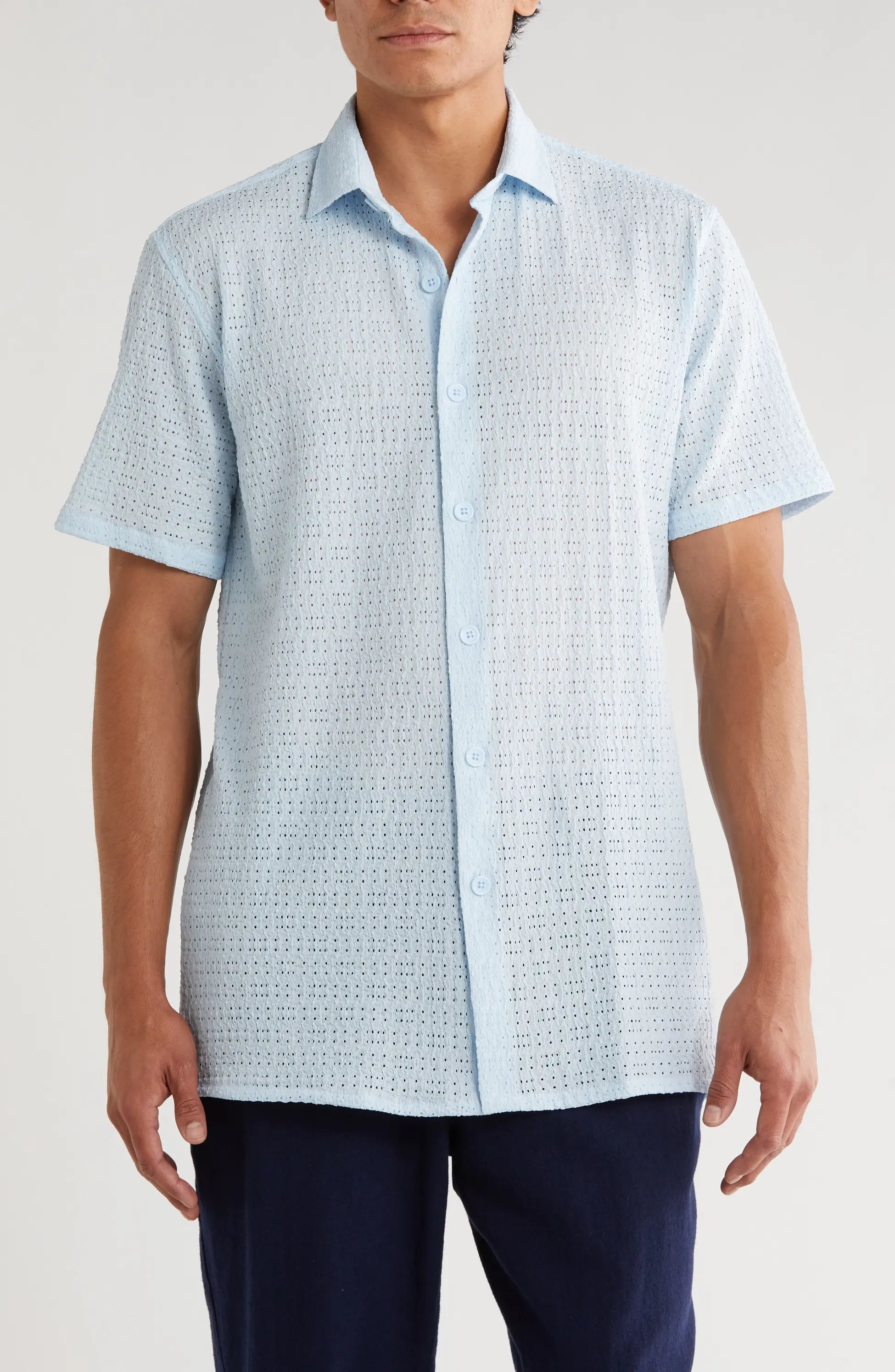 TRSH-211 Textured Knit Short Sleeve Button-Up Shirt