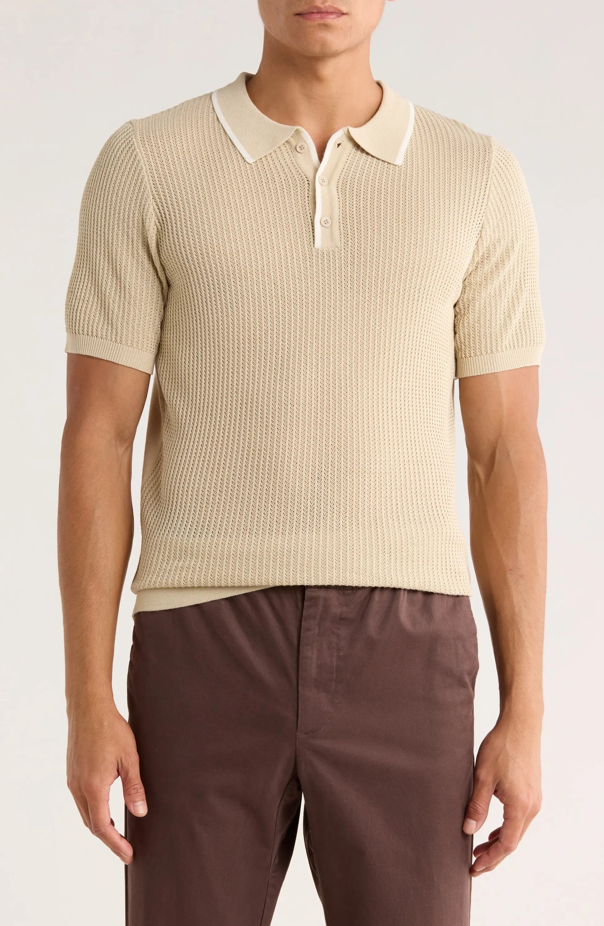 TRNS-540 Tipped Open Knit Short Sleeve Polo Sweater