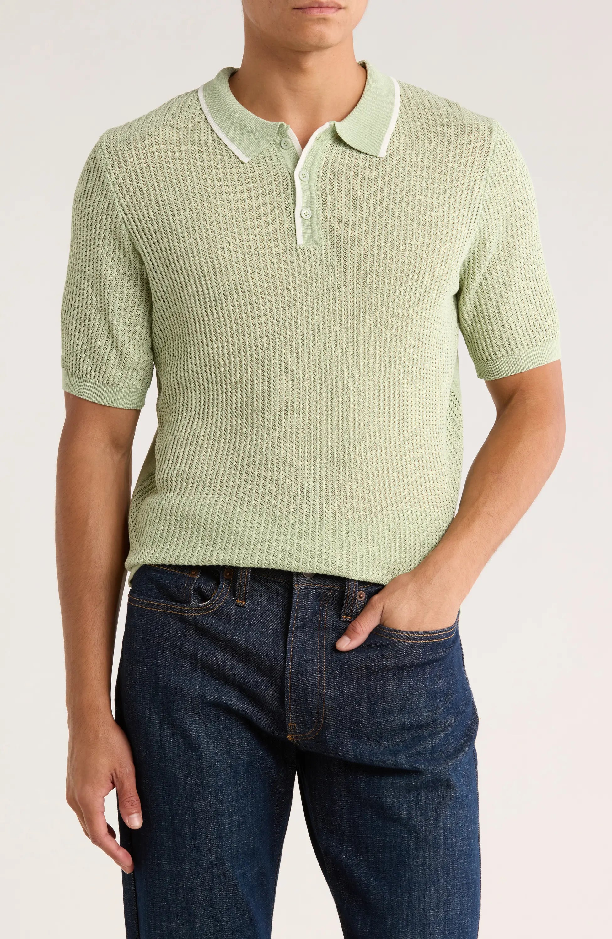 TRNS-540 Tipped Open Knit Short Sleeve Polo Sweater