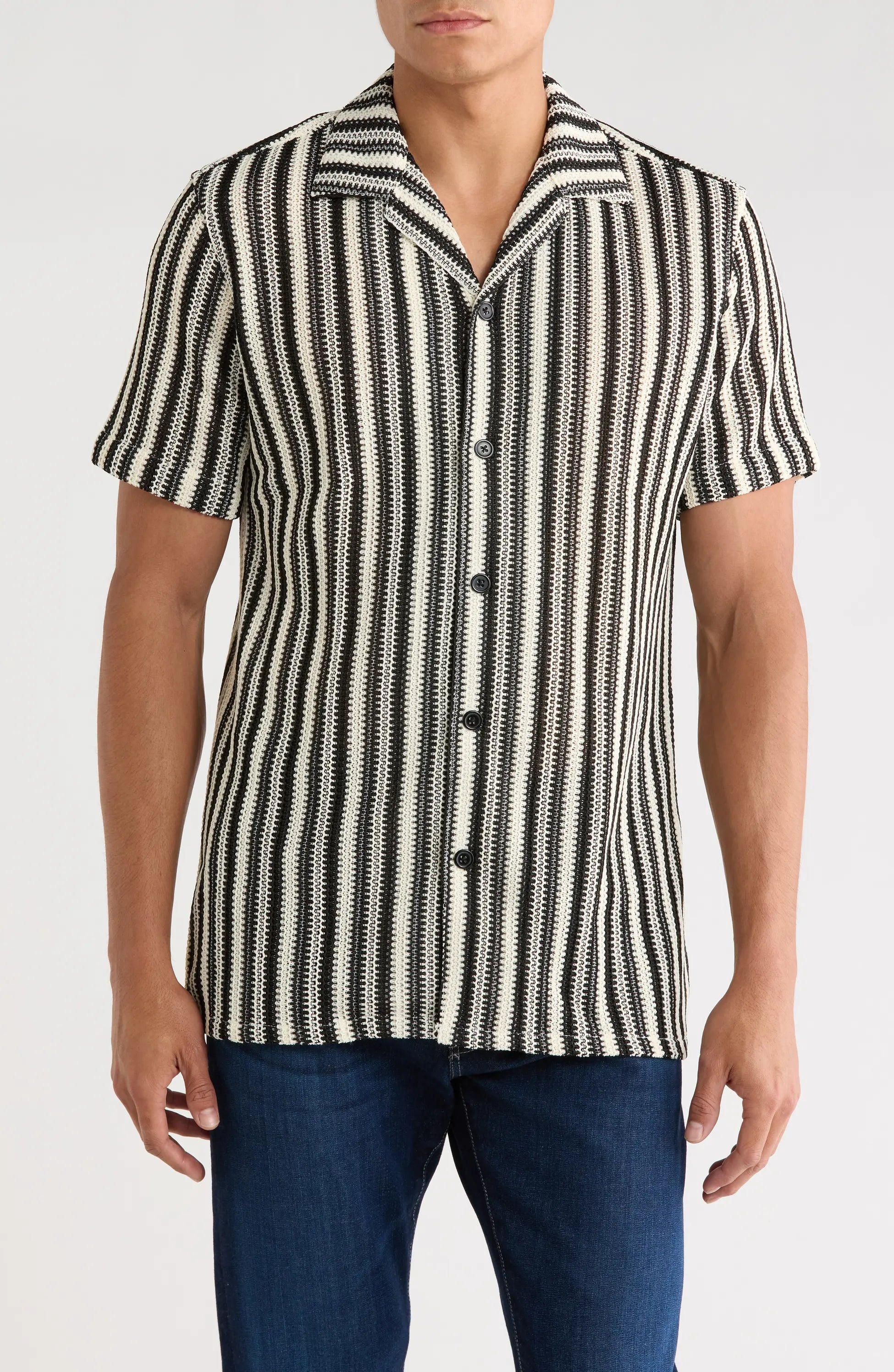 TRSH-212 Textured Stripe Knit Short Sleeve Button-Up Shirt