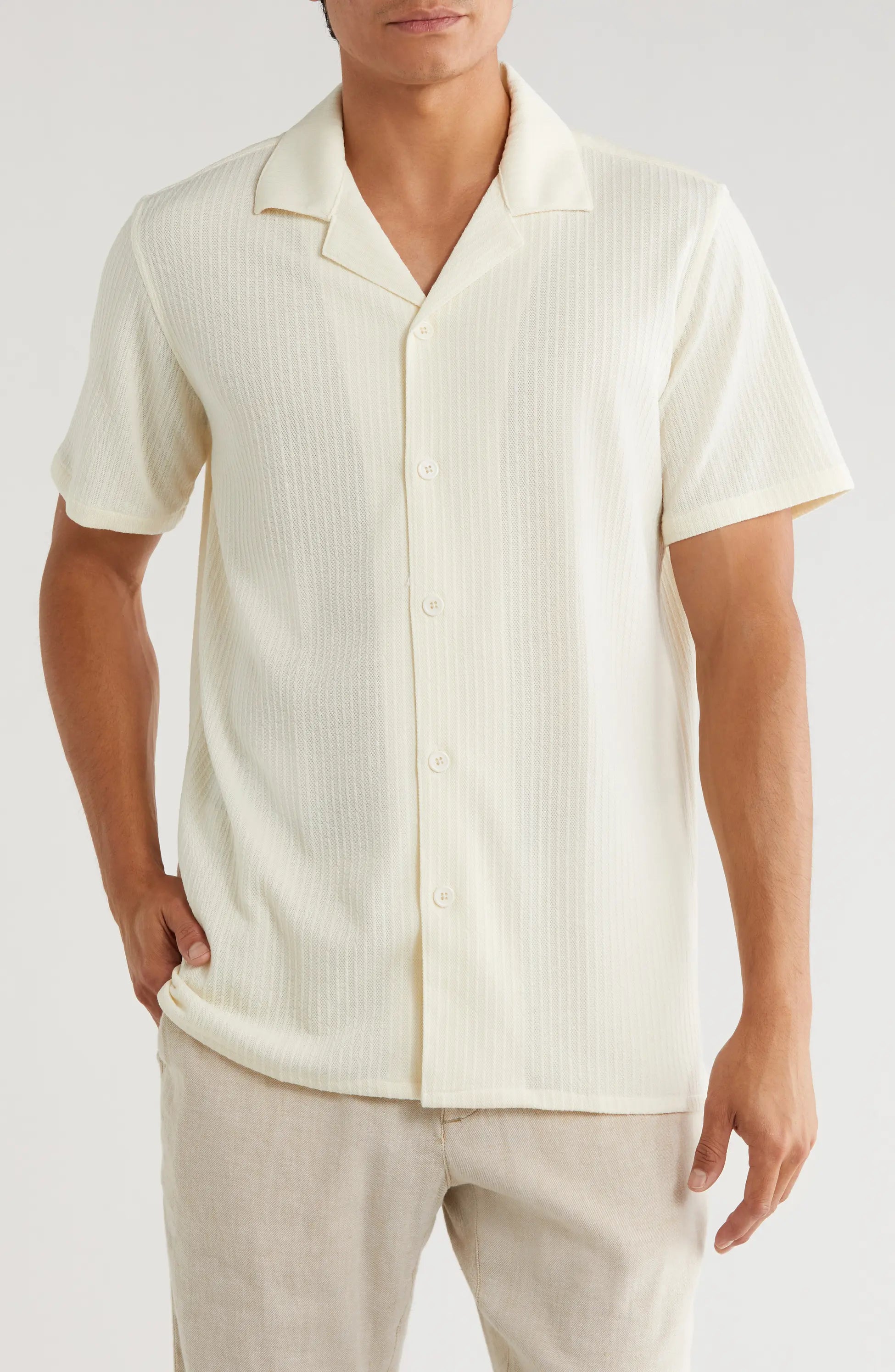 TRSH-214 Stripe Textured Short Sleeve Camp Shirt