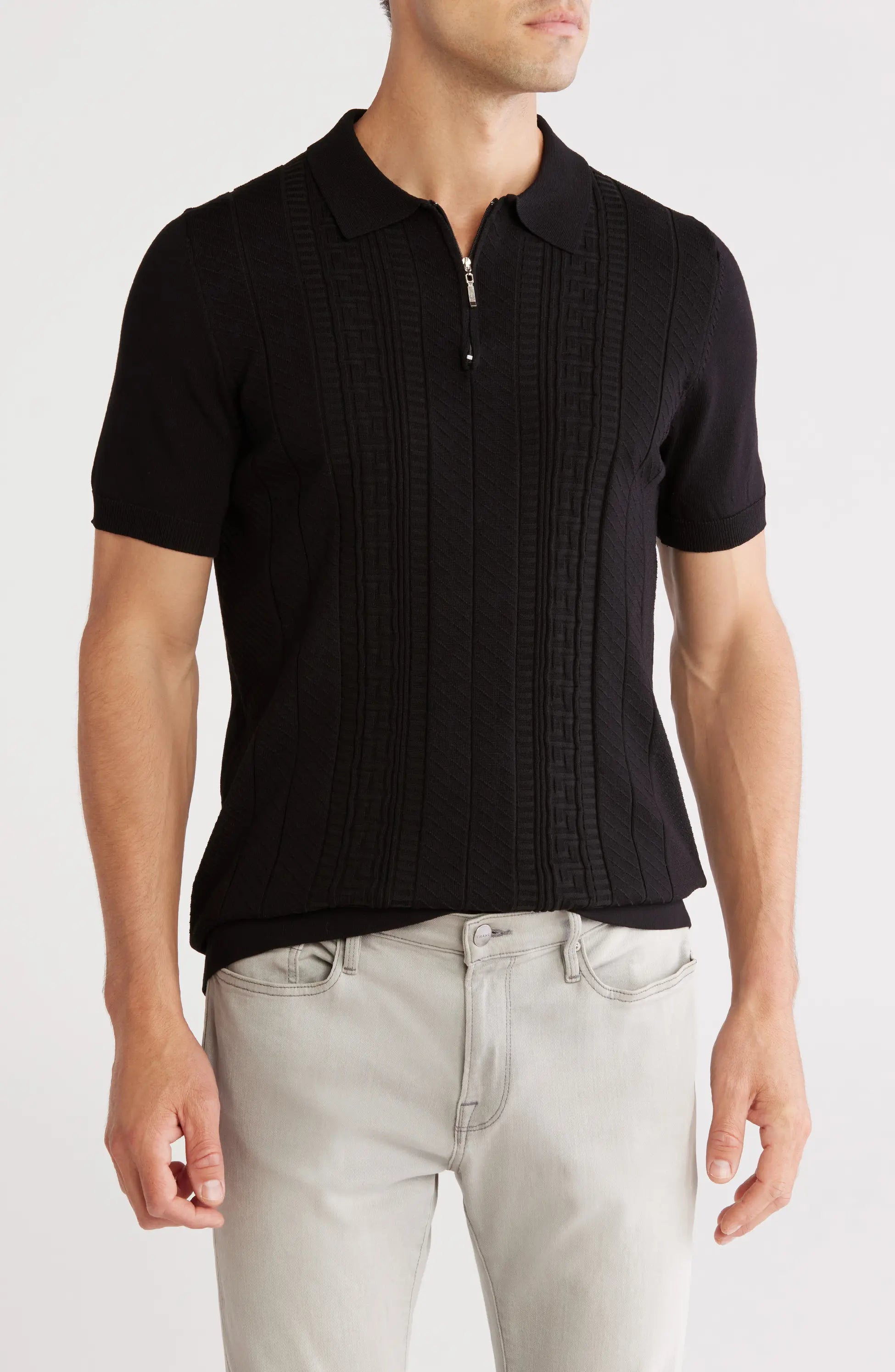 TRCK-11542 Textured Sweater Knit Zip Polo